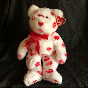 2001 Ty Beanie Buddy Smooch White Bear with Heart Nose Red Ribbon & Kiss Marks